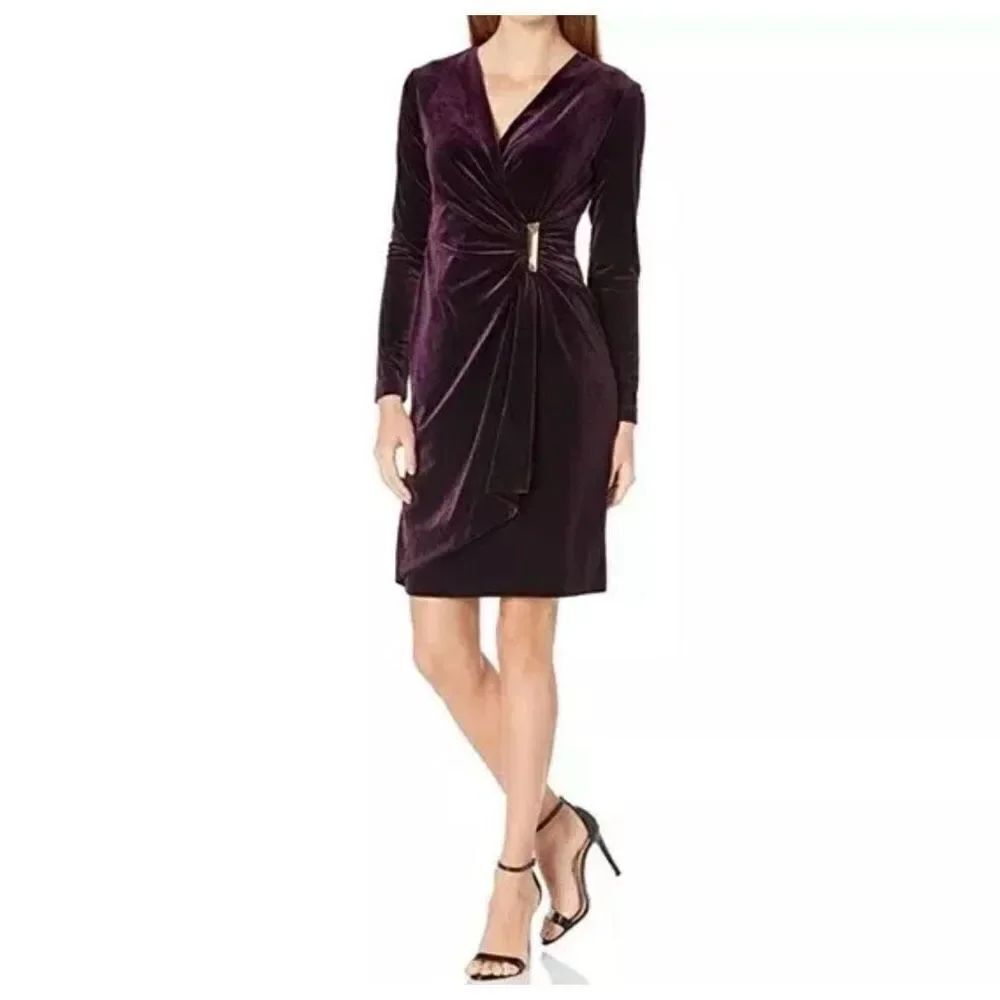 Calvin Klein Women’s Burgundy Velvet Faux Wrap Long Sleeve Dress Size 10